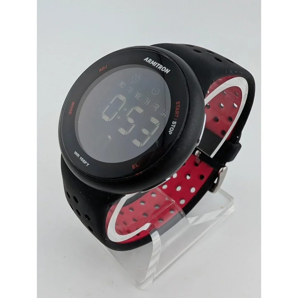 Armitron Pro Sport Digital Watch 43mm‎ Case Black/Red Silicone Band- New Battery